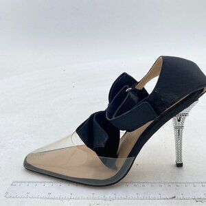 Black Clear Women Pointed Toe Dorsay Pumps Bow Ankle Strap High Heels Shoes